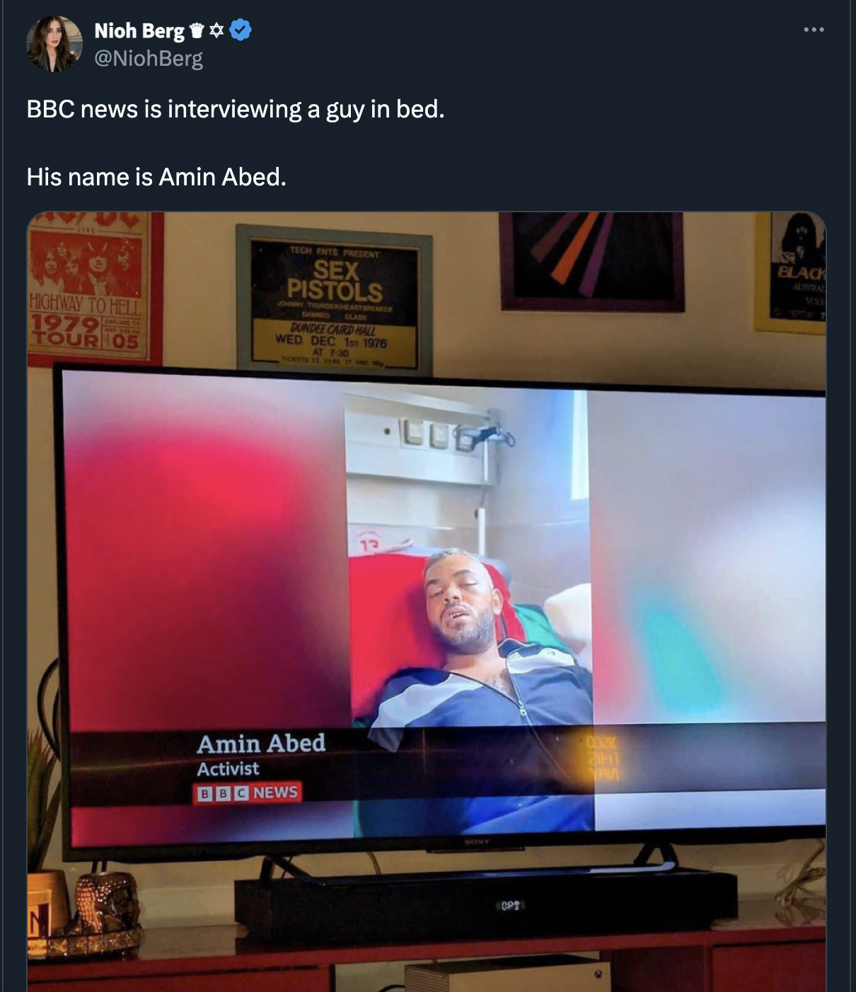 News - Nioh Berg Bbc news is interviewing a guy in bed. His name is Amin Abed. Hoa To Tel 1979 Tour Os Sex Pistols Med Dec Tate Amin Abed Activist Dog News Lud Blaq